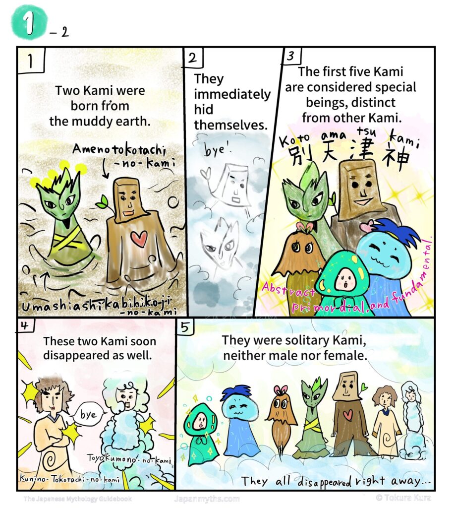 A five-panel comic about the first Kami in Japanese mythology. Two Kami, Amenotokotachi-no-Kami and Umashiashikabihikoji-no-Kami, are born from the muddy earth and immediately hide themselves. The first five Kami are described as special, abstract, primordial beings distinct from other Kami. They are solitary, neither male nor female, and soon disappear.