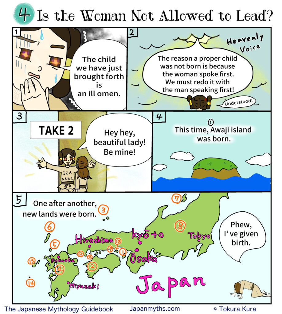 A multi-panel comic explaining a Japanese creation myth. Izanami looks worried and says the child they created is an ill omen. A heavenly voice explains that the failure happened because the woman spoke first, and they must redo the ritual with the man speaking first. In a second attempt, Izanagi speaks first and Awaji Island is born. The final panels show the islands of Japan forming one after another, with a map of Japan labeled with major cities, while Izanami collapses in exhaustion after giving birth.