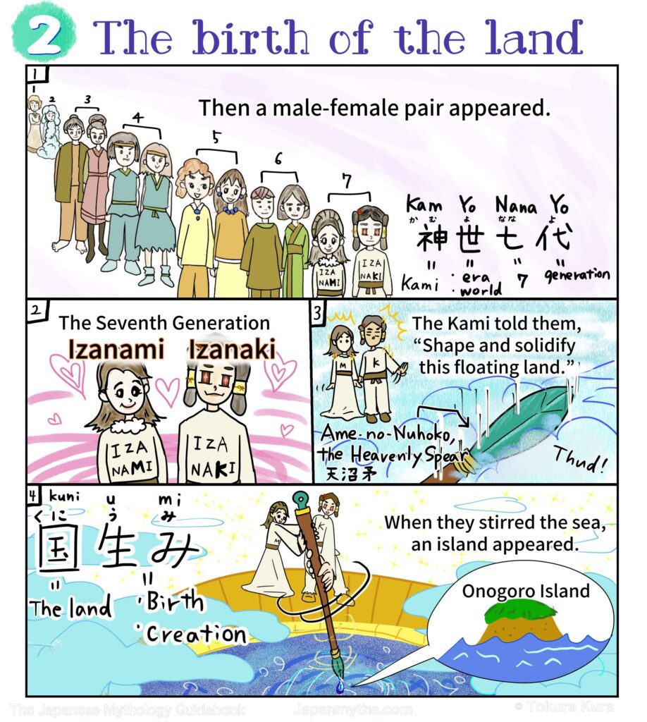 Comic page titled “The Birth of the Land.” A male-female pair, Izanami and Izanaki, the seventh generation of Kami, are introduced. The Kami give them the Heavenly Spear and tell them to shape the floating land. They stir the sea, and Onogoro Island appears.