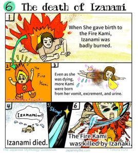 An emotional manga-style illustration depicting the tragic death of Izanami in Japanese mythology. After giving birth to the fire deity Hino-Kagutsuchi, Izanami is engulfed in flames and suffers fatal injuries. Though on the brink of death, she continues to give birth to new deities from her vomit, excrement, and urine. Weak and in pain, Izanami finally dies, leaving Izanagi crying out her name in grief. Overcome by sorrow and rage, Izanagi slays the fire deity, marking the first death and deep tragedy in the myths of Japan.
