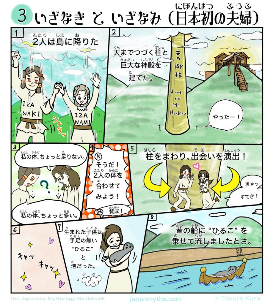日本神話「いざなき と いざなみ(日本初の夫婦)」第3話の漫画。いざなきといざなみが島に降り立ち、天まで続く柱「天の御柱(Ame no Mihashira)」と大きな神殿を建てる。二人は自分たちの体の足りない部分と多い部分に気づき、柱のまわりを回って出会う。最初は女性のいざなみから声をかけ、子どもとして手足のない「ひるこ」と泡が生まれる。ひるこは葦の船に乗せられ、海へ流される様子が描かれている。