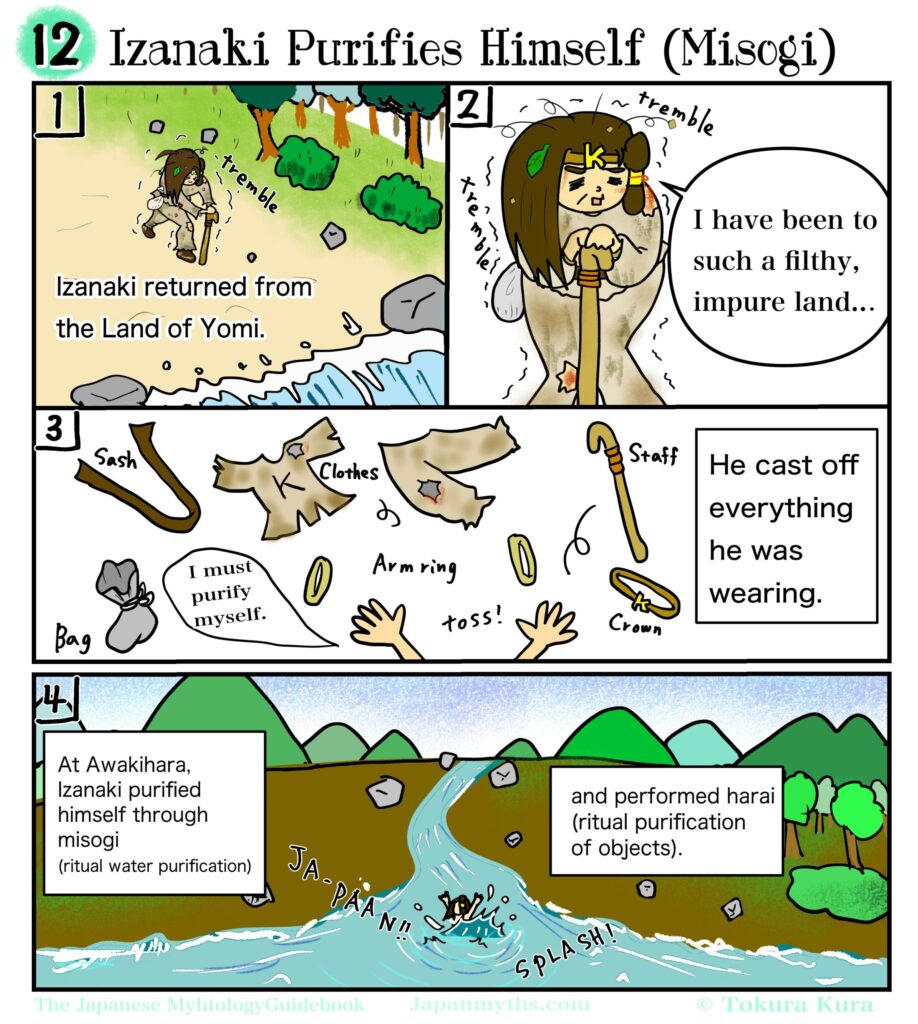 A comic depicting Izanaki returning from the Land of Yomi and performing misogi (ritual water purification). Covered in dirt and trembling, he says he has been to a filthy, impure land. He removes all the items he was wearing, including a sash, clothes, arm rings, and a staff. At Awakihara, he enters a river and purifies himself through misogi, and performs harai, ritual purification of the objects he had worn.
